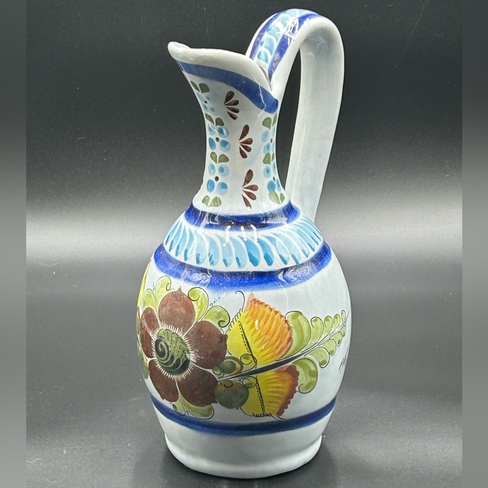 Vintage Tonala Mexican art pottery pitcher, blue white yellow